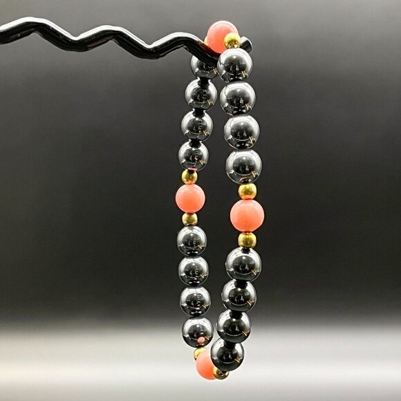 Black Hematite Coral Agate Stretch Bracelet | Handmade - Picture 5 of 6